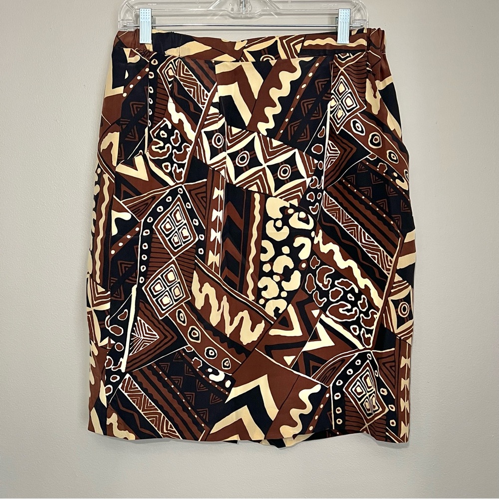 Silk A-line Midi Skirt with Chocolate Brown Black Boho Tribal Art Pattern 14